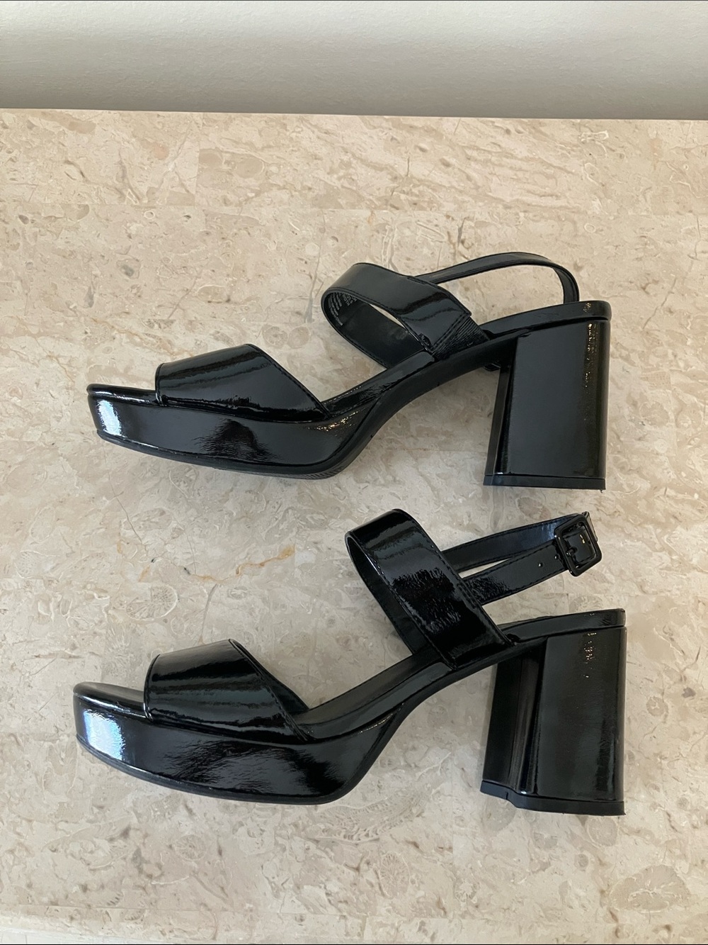Black Patent Platform Block Heel Sandals | Retro 90s Style Open Toe Heels